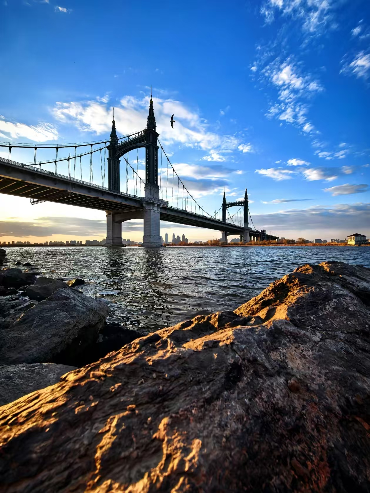 Songhua River suspension bridge in Harbin with blue sky, rocky shore, and a bird flying above