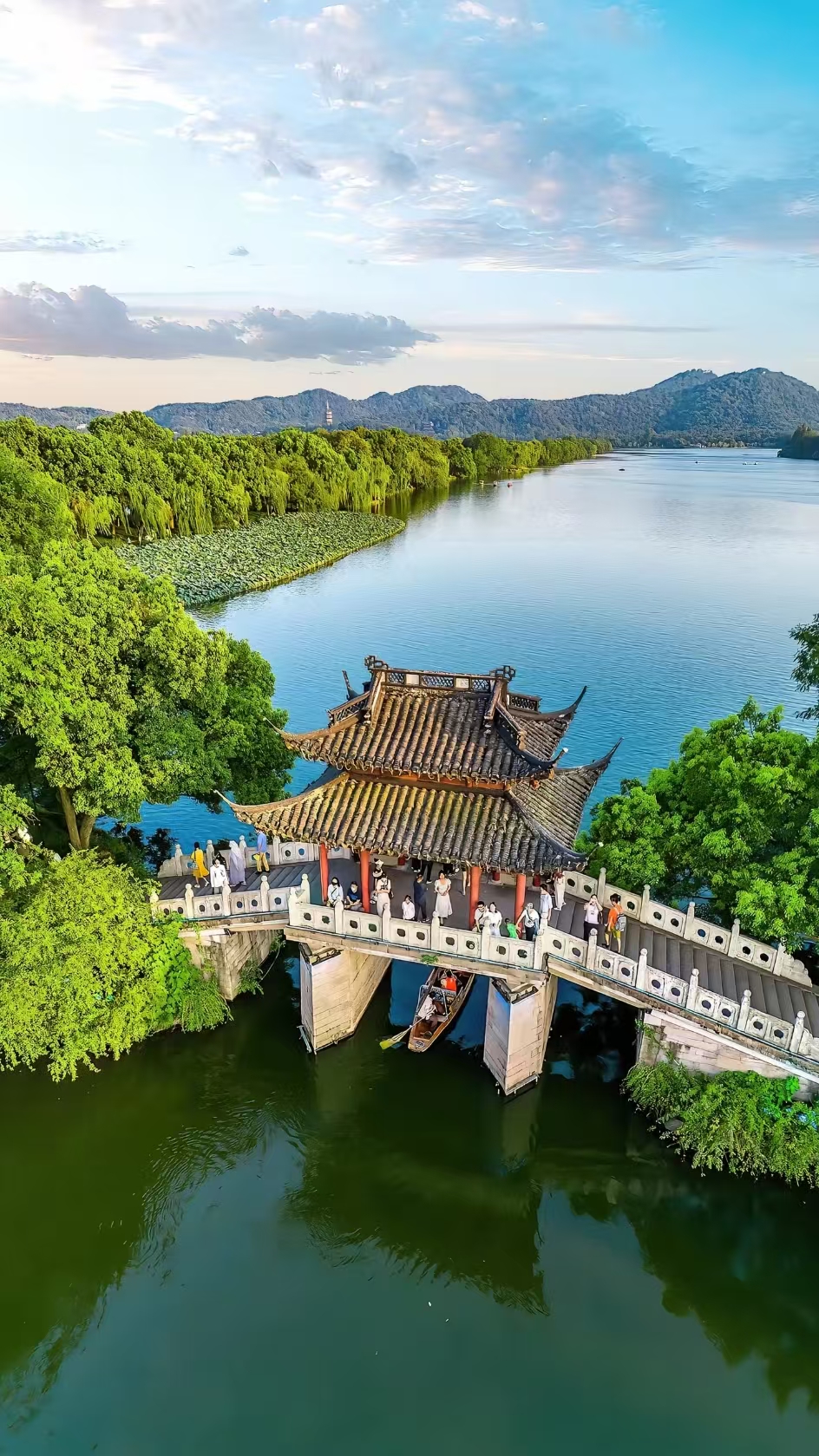 Hangzhou West Lake bridge pavilion aerial