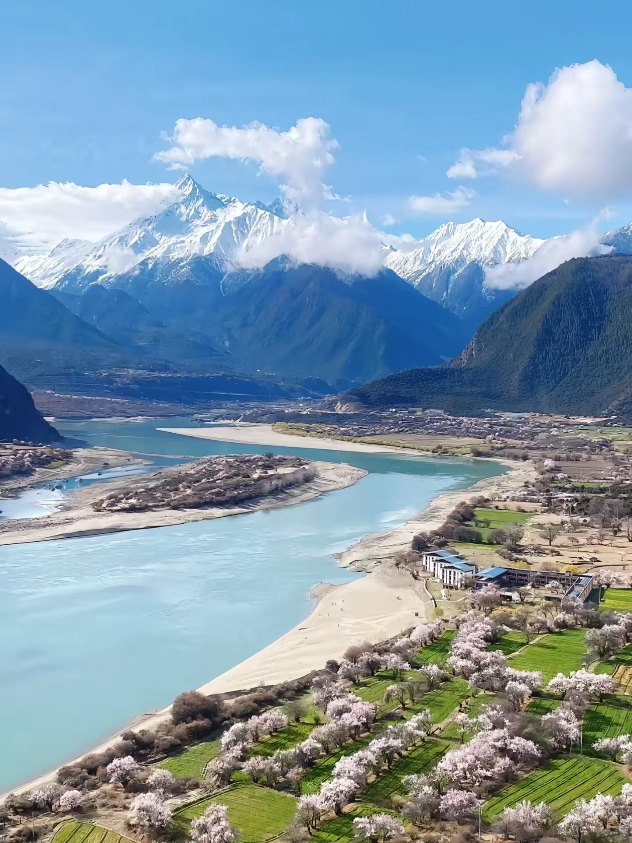 Tibet Yarlung Tsangpo River valley spring blossoms