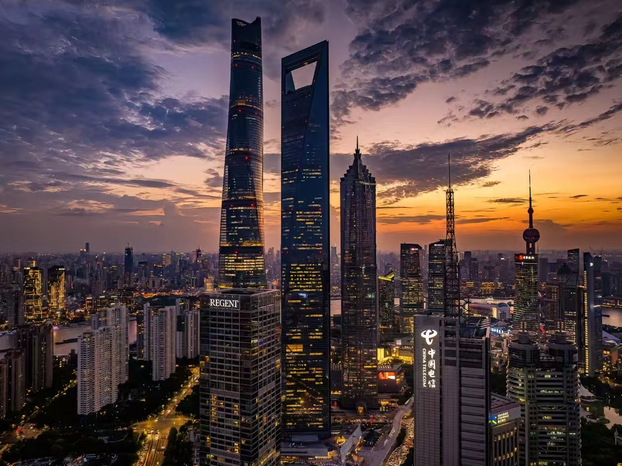 Shanghai skyline at sunset aerial view