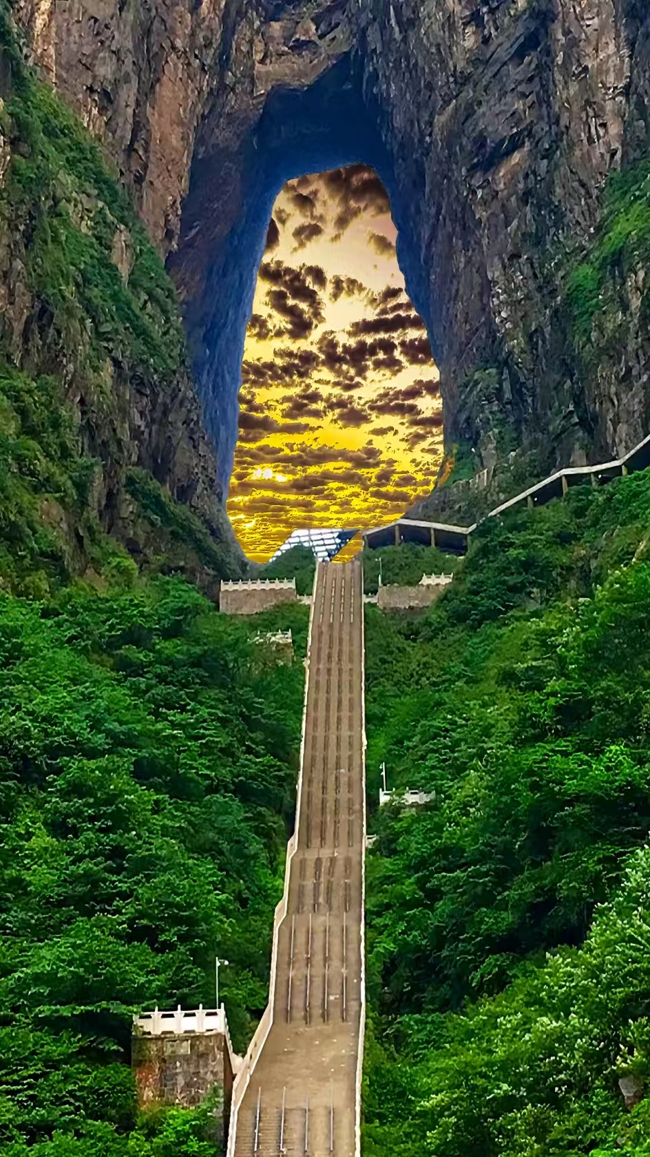 Tianmen Mountain staircase snow winter